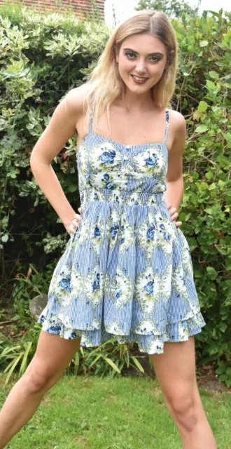 Blue & White Floral Strappy Summer Dress Size 8 Nwot