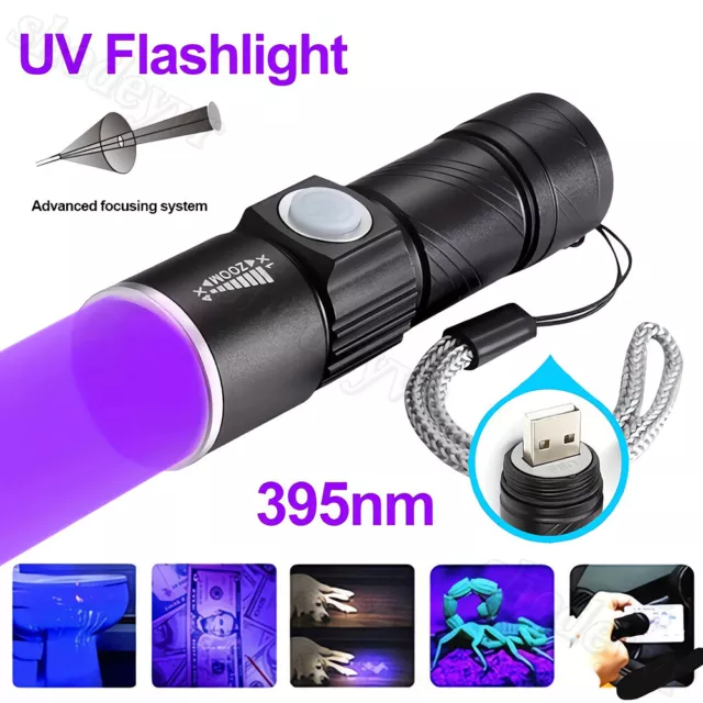 USB Rechargeable 395 LED UV Torch Flashlight Light Ultra Violet Blacklight Zoom