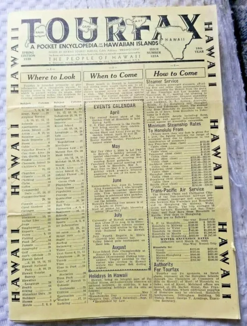 HAWAII TOURFAX 8-Page Events. 1938 Tourist Info, Customs Transportation Tours