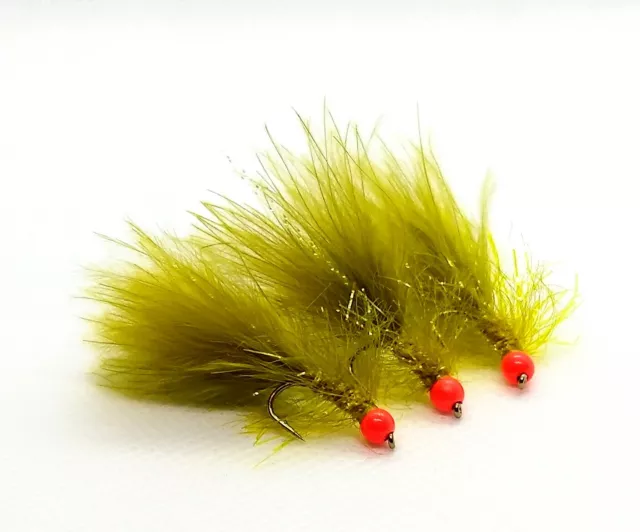 3 x Olive Damsel Flies Crystal Hackle Flash Fluorescent Red Hot Head Size 10