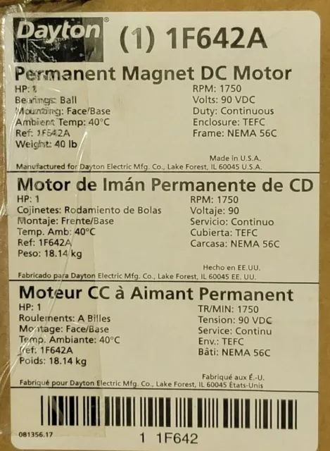 New Dayton 1F642A 1Hp Permanent Magnet Dc Motor 1750Rpm Frame: Nema 56C Tefc