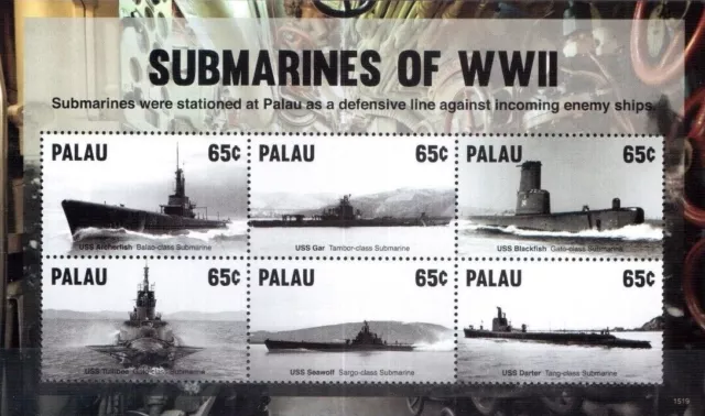 US Navy Submarines of WWII 6v-MNH Warship Stamp Sheet (2015 Palau)