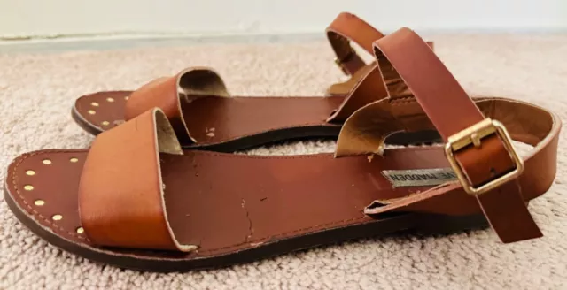 Steve Madden Woman's all leather Flat Sandals, Brown, 7.5