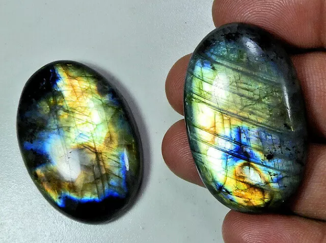 2 pièces. Naturel Multi Flash Labradorite ovale cabochon pierres précieuses...