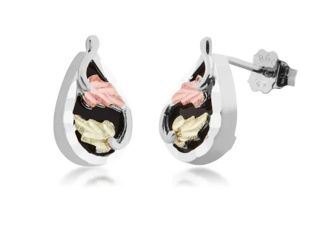 12k Black Hills Gold & Silver Pink & Green Leaf Pear Onyx Earrings