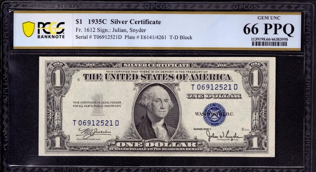 1935 C $1 Silver Certificate Note Td Block Fr 1612 Pcgs B Gem Unc 66 Ppq
