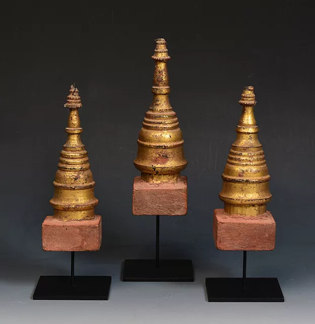 19th Century, Mandalay, A Set of Antique Burmese Wood Carving Pagoda Stupa