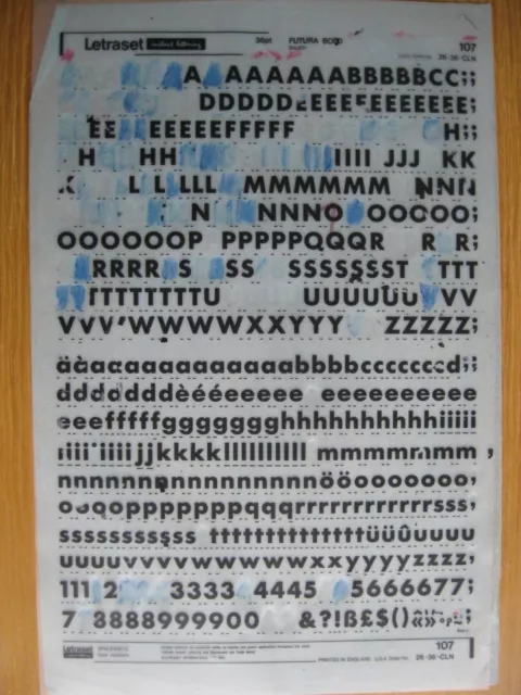 .1 x  Letraset Upp/Low Case & Num  FUTURA BOLD  36pt 9.3mm Sheet 107   g(bb)