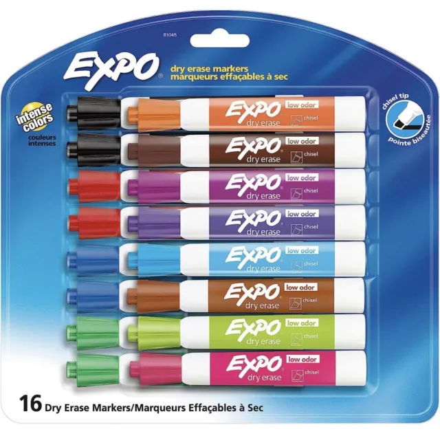 16 Count EXPO Low Odor Dry Erase Markers Chisel Tip Assorted Colors