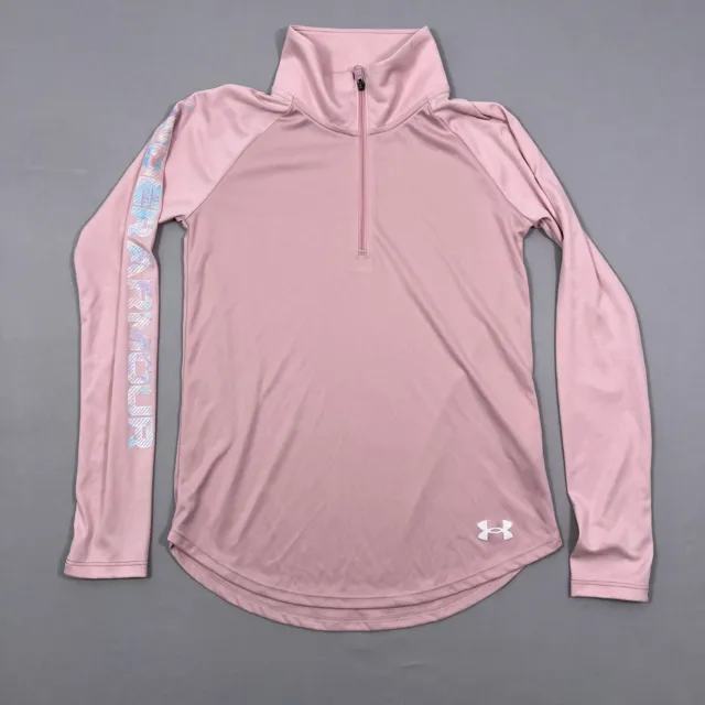 Under Armor Girls Sweatshirt Large Pink Long Sleeve Quarter Zip Heatgear Logo