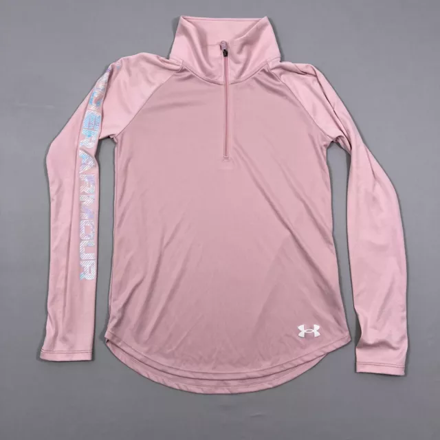 Under Armor Girls Sweatshirt Large Pink Long Sleeve Quarter Zip Heatgear Logo
