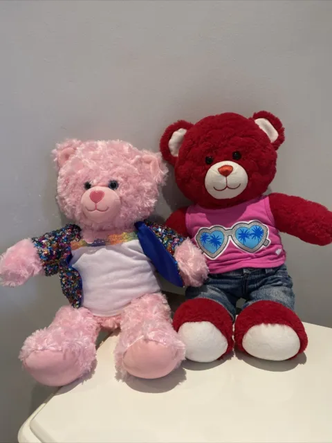 Build A Bear Pink / Red Bundle X 2 With Clothes - Teddy Bears Nice Condition