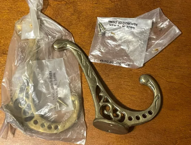 2 Vintage Ornate Brass Bronze Hall Tree Coat Hat Rack Hooks UNUSED! W/ HARDWARE!