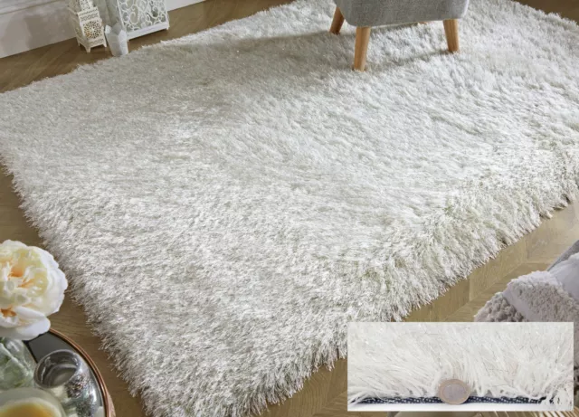 Dazzle Sparkle Sparkly Ivory White Silky Thick Long Pile Glitter Shaggy Rug