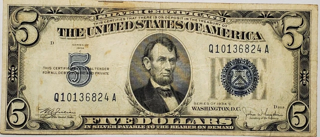 1934 C Five Dollar Silver Certificate Q10136824A Blue Seal Paper Money $5