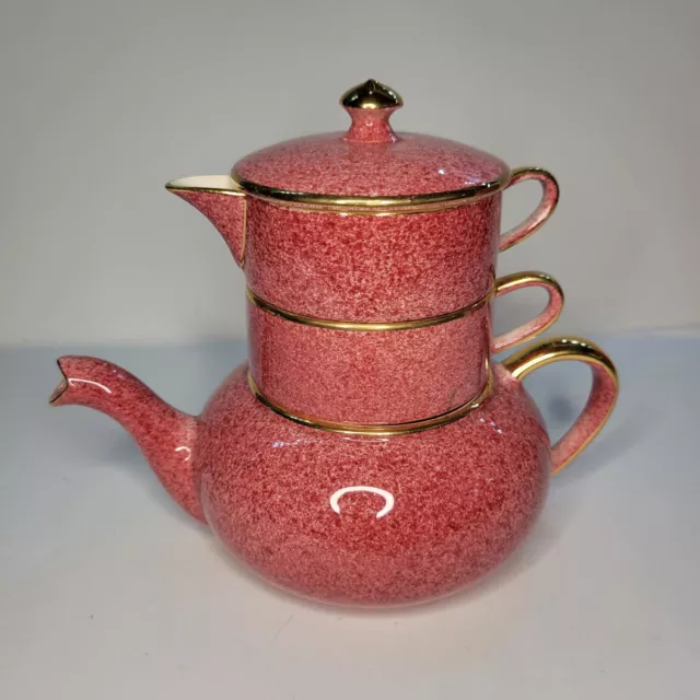 ROYAL WINTON GRIMWADES ENGLAND TEA FOR ONE CHINTZ PINK Speck STACKING SET vtg