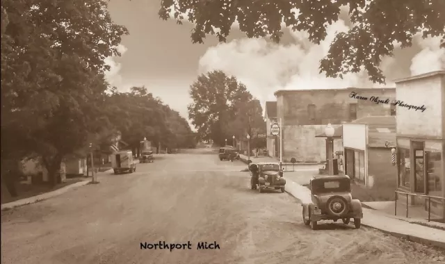 RPPC Northport Mich, Town Scene, Old Cars, Gas Station, Vintage Barber Shop