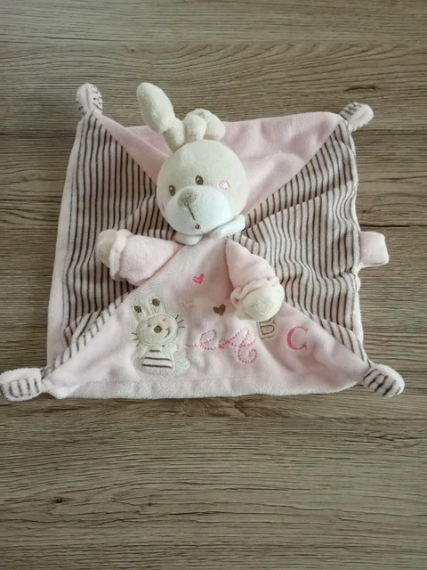 Doudou plat rose et beige lapin brode lapin ABC coeur simba toys nicotoy 23 cm