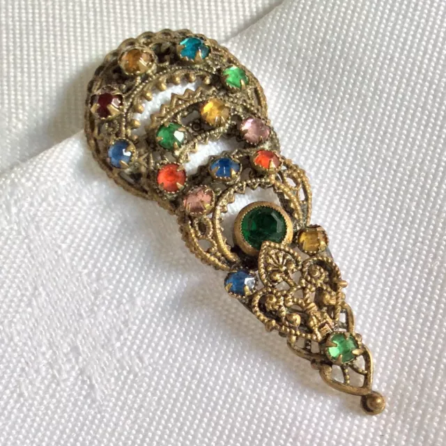 Vintage Antique Art Deco Czech Filigree Rainbow Crystal Paste Dress Clip