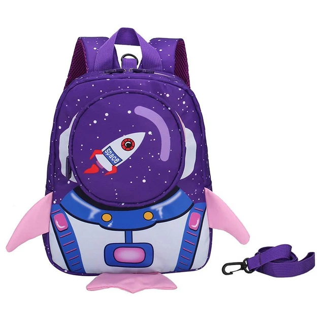 2 piezas Bolso escolar de nailon jardín de infantes dibujos animados 3D mochila cohete (púrpura)