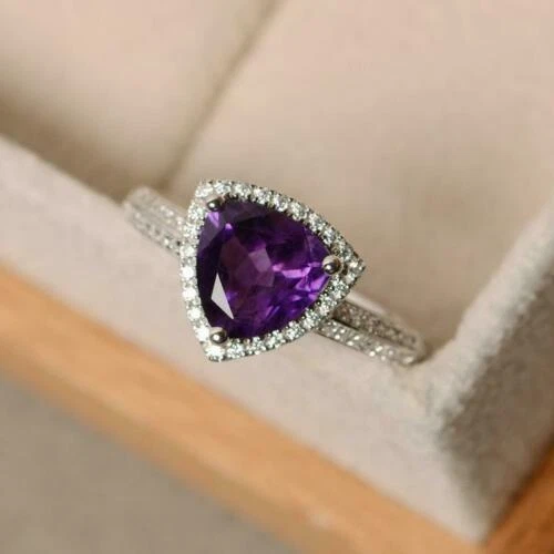Argent Améthyste Fiançailles Bague 8 MM Trillion Mariage Promesse