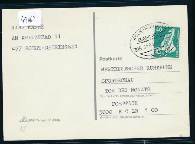 43063) Bahnpost Ovalstempel Köln - Hannover ZUG 00836, Karte 1977