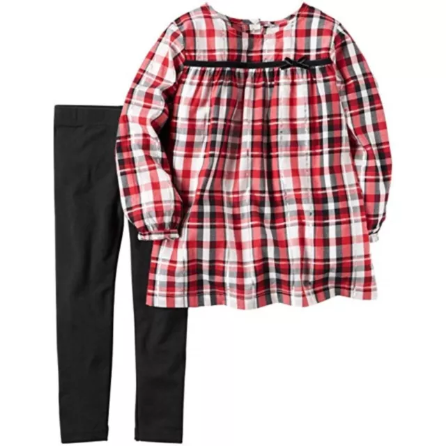 Carter's Baby Girl Red Black Plaid LS Sparkle Tunic with Black Leggings 2pc Set