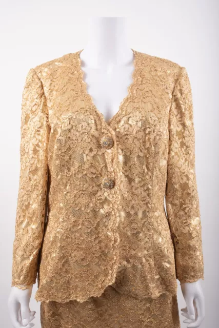 Vintage Jovani Womens Gold Lace Pencil Skirt Set Blazer Suit 2 pc set Formal S M 2