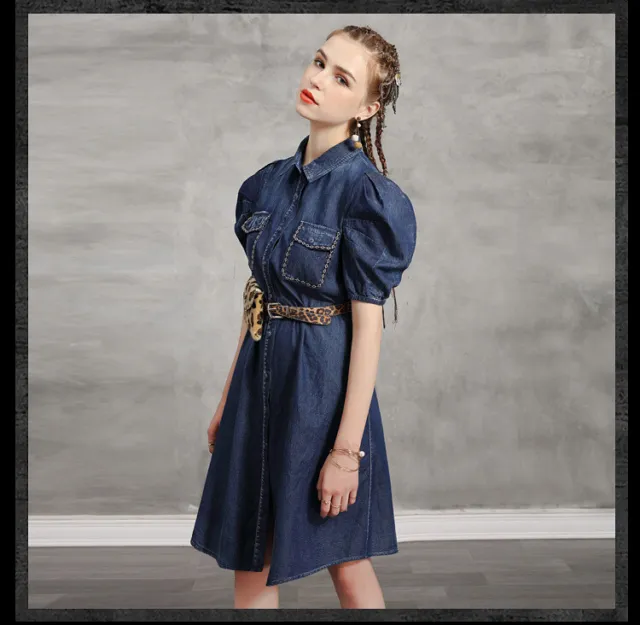 Elegante vestito abito donna corto azzurro denim jeans cowboy bohemian 4227