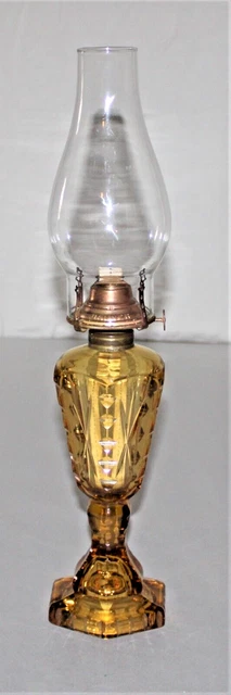 Antique Light Honey Amber Glass Oil Lamp W/ Burner & Chimney / Whale Oil Lamp