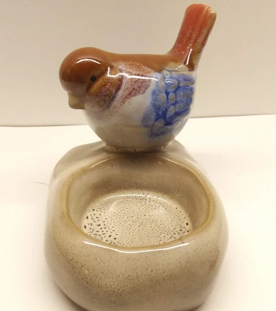 Ceramic Glazed Red Blue Brown Bird Candle Holder Trinket Dish 3.25"