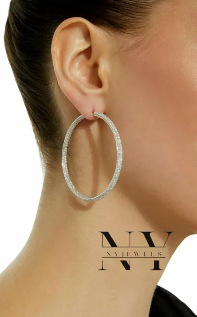 Solid 14k White Gold Inside Out Hoop Wedding Earrings 2 Ct Round Cut For Women