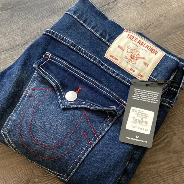 True Religion Jeans Mens 36x32 Geno Relaxed Slim Whiskers Flap STRETCH NWT.  A21