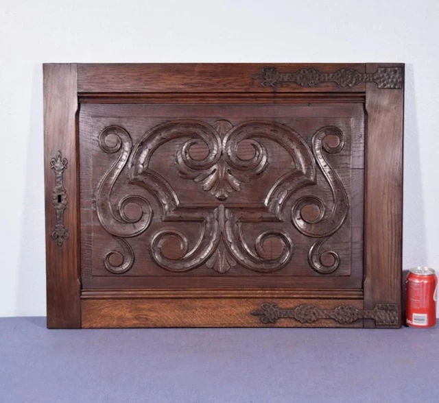 *Large Gothic Carved Architectural Door Panel in Solid Oak Wood with Iron