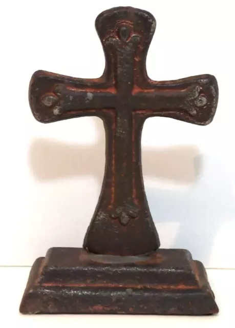 Old Primitive 5.5 Cast Iron Cross w/Stand Simple Crude Rusty Repaired Minimalist