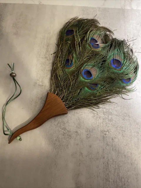 Peacock Feather Handheld Fan Accessory With Wood Handle