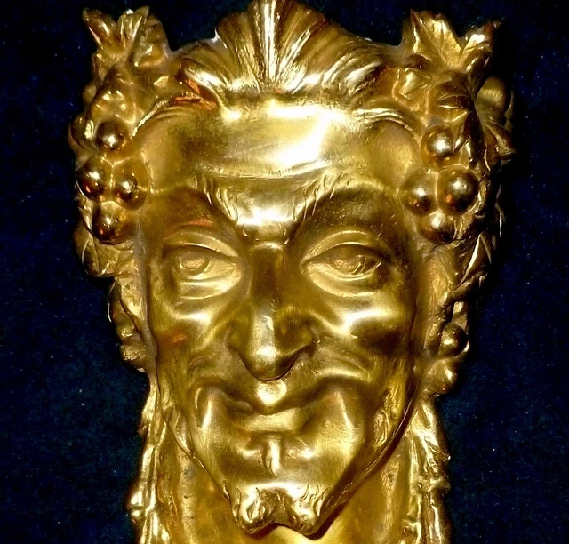 LARGE FRENCH ANTIQUE GILDED BRONZE/BRASS PEDIMENT MOUNT BACCHUS FACE 29 x 13cm
