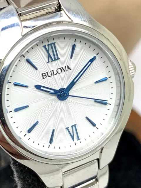 Bulova Women's Watch 96L215 Quartz White Blue Dial Silver Stainless Steel 28mm