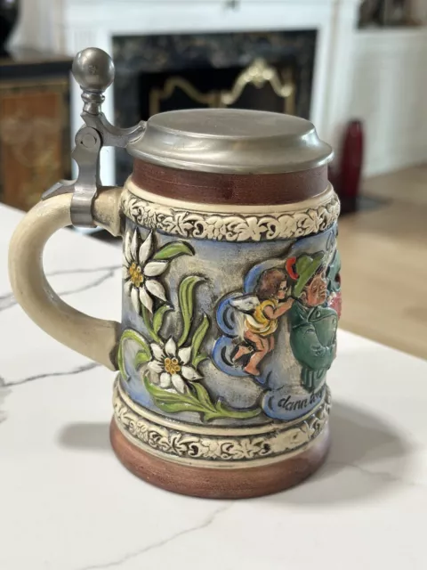 Vintage Rein Zinn Beer Stein Ceramic Made Western Germany Pewter Lid