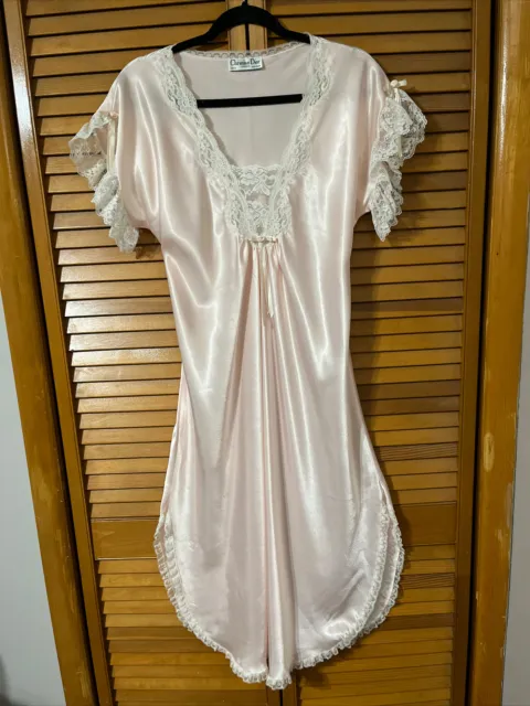 Vintage 70’s 80s Christian Dior Lingerie nightgown Pink With Lace Trim