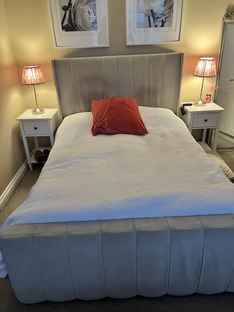 BEIGE UPHOLSTERED FABRIC Double Bed Frame with Tall Headboard ...