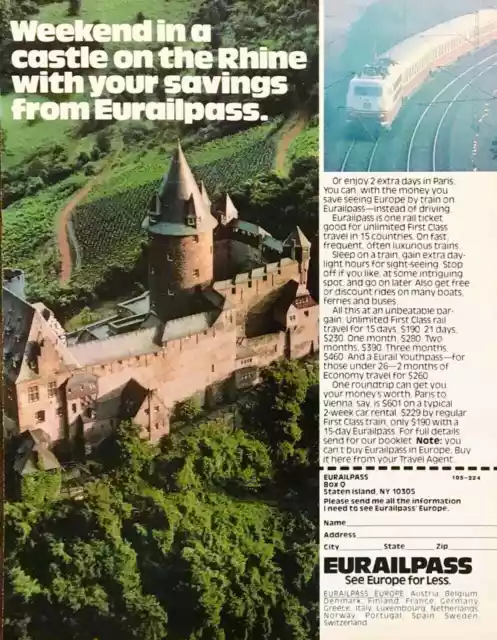 1979 Eurailpass PRINT AD Weekend in a Castle on the Rhine With Your Savings