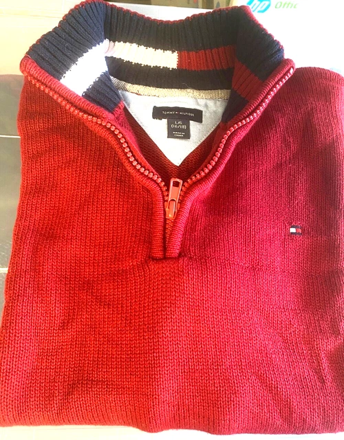 Tommy Hilfiger Size L(16-18) Boys Red Cotton 1/4 Zip Pullover Sweater *MINT