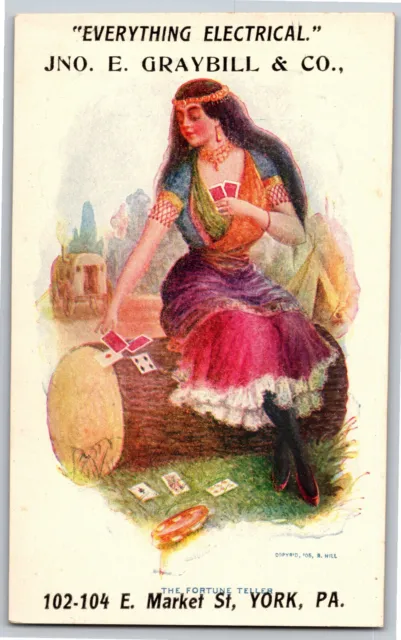 Jno. E. Graybill & Co. York, PA Electrical Victorian Trade Card  Woman w/ Cards
