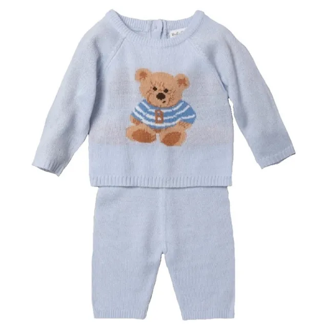 Baby Boys Knitted Outfit Spanish Style Blue Teddy Jumper & Trousers 0 3 Months