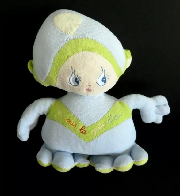 80. PELUCHE DOUDOU AJENA BONHOMME Je suis la goutte d'eau VERT BLEU 23c Lire svp