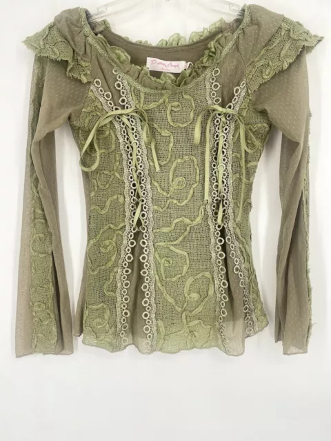 Pretty Angel Lace Layered Top Green Small Lace Up Bodice Sheer Long Sleeve Sheer