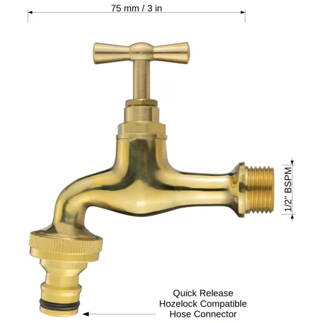 Garden Tap Faucet Mixer Solid Brass Polished 1/2" BSPM Quick Hose Connector 3