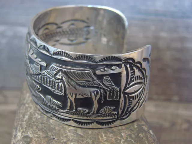 Navajo Indian Hand Stamped Sterling Silver Storyteller Horse Bracelet by Delg... 3