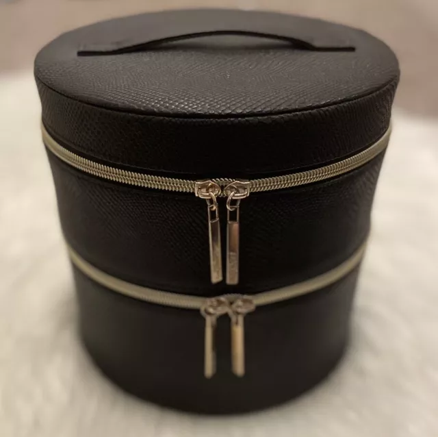 Lancôme Cosmetic Black Bag Round Train Case 2 Zippered Compartments & Mirror